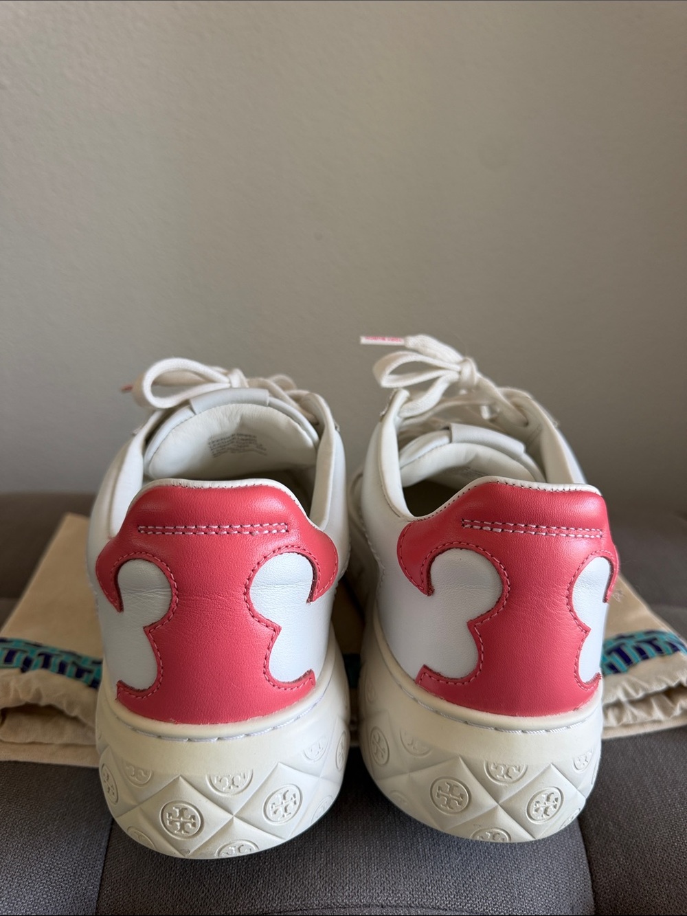 Tory Burch White Leather Ladybug Sneaker with Coral Crush Heel Tab - Picture 3 of 8
